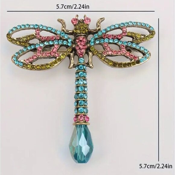 Dragonfly Brooch Blue & Pink Rhinestones Gold Tone - Picture 2 of 2